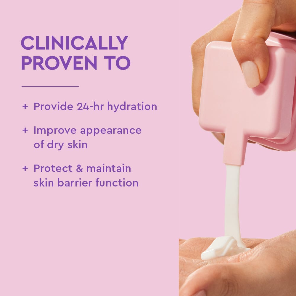 Hand holding a pink skincare product with text on a pink background