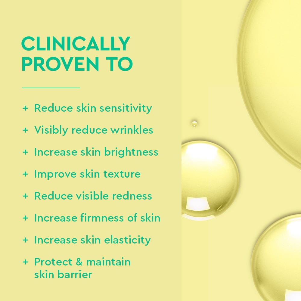Text detailing skincare benefits with droplets on a yellow background