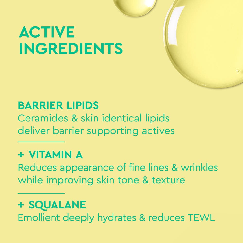 List of active ingredients for skincare on a yellow background with bubbles.