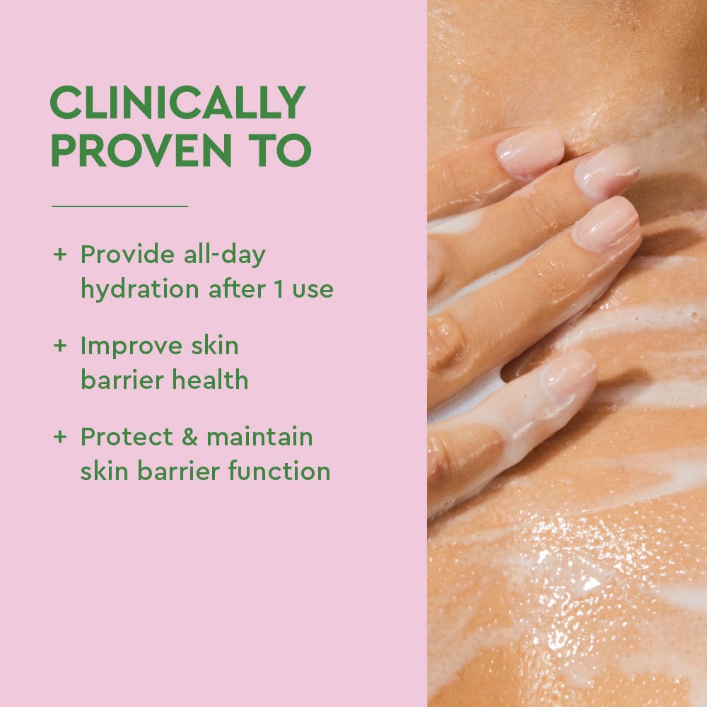 Product advertisement with text on a pink background and close-up of skin.