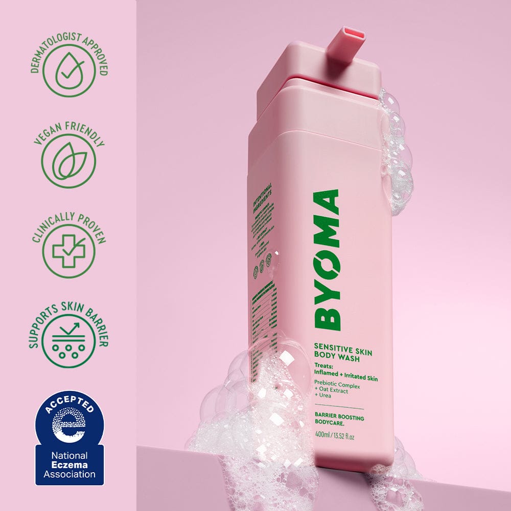 BYOMA sensitive skin body wash bottle with certification icons on a pink background