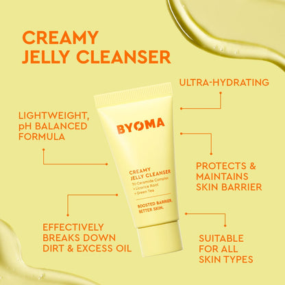 BYOMA Creamy Jelly Cleanser on a yellow background with product features listed.