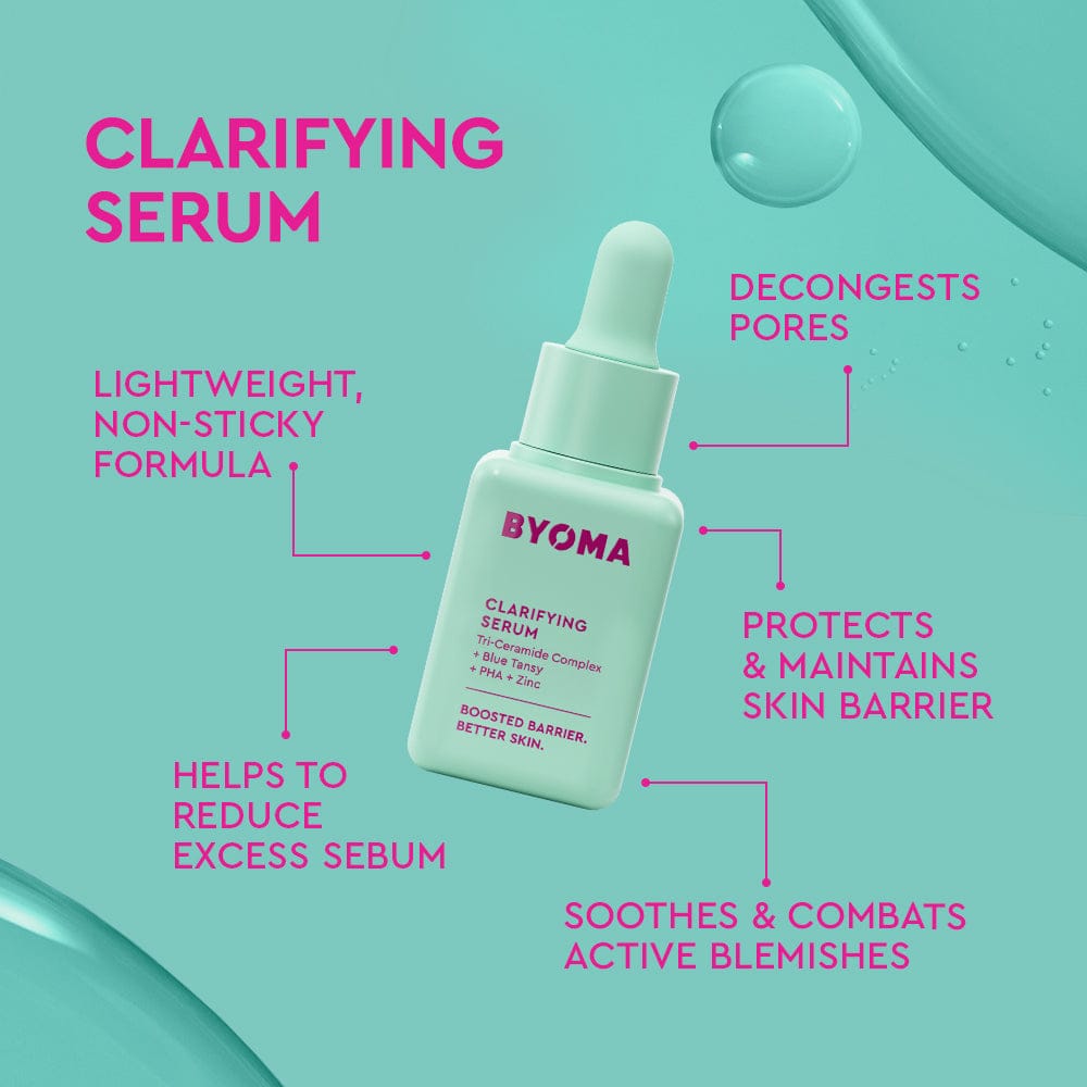 BYOMA clarifying serum bottle with text on a teal background