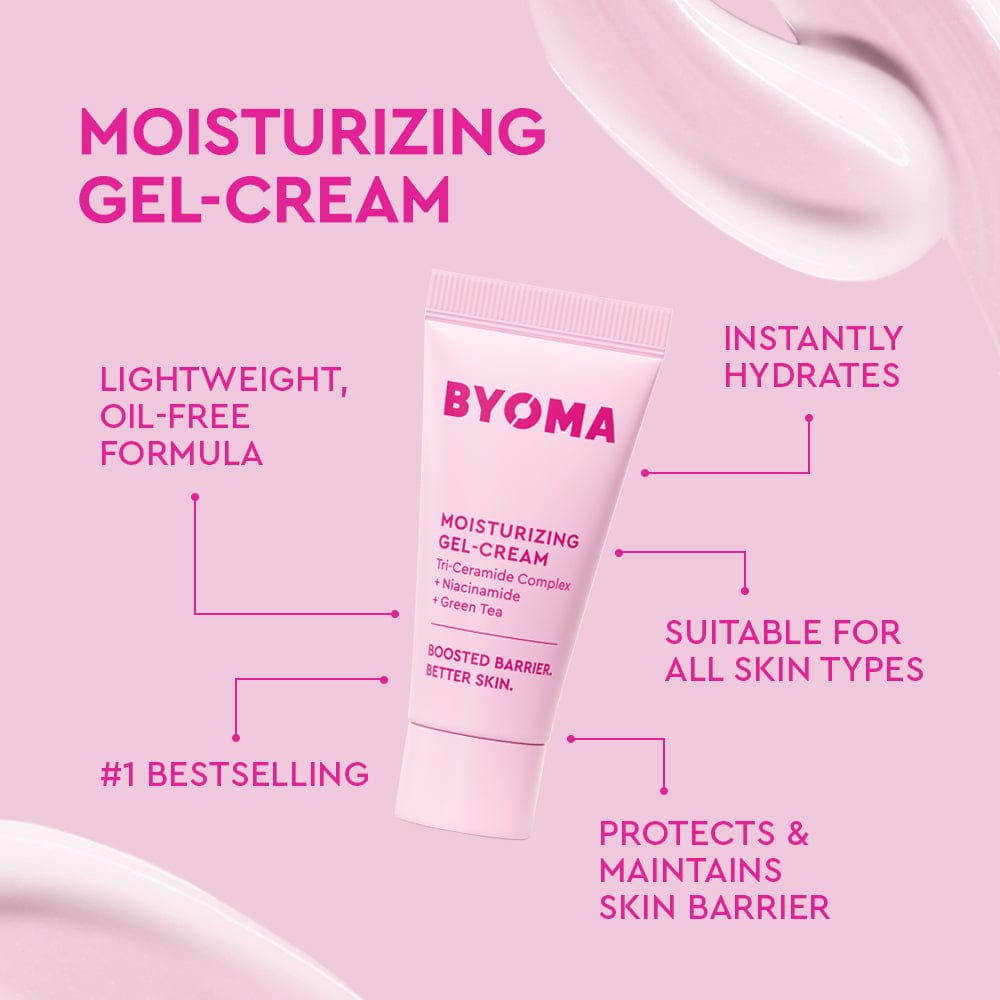 BYOMA moisturizing gel-cream on a pink background with text highlighting features.