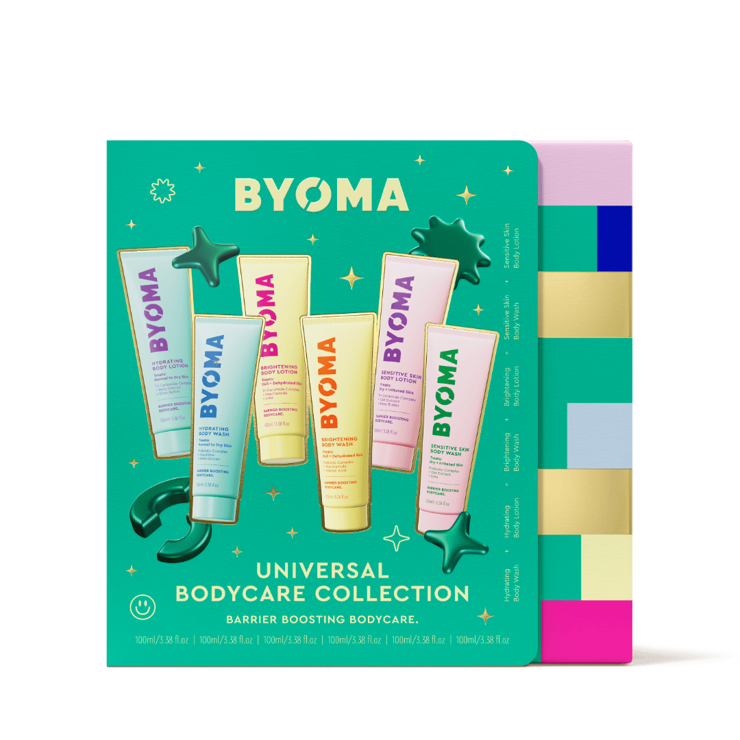 BYOMA universal bodycare collection packaging on a green background