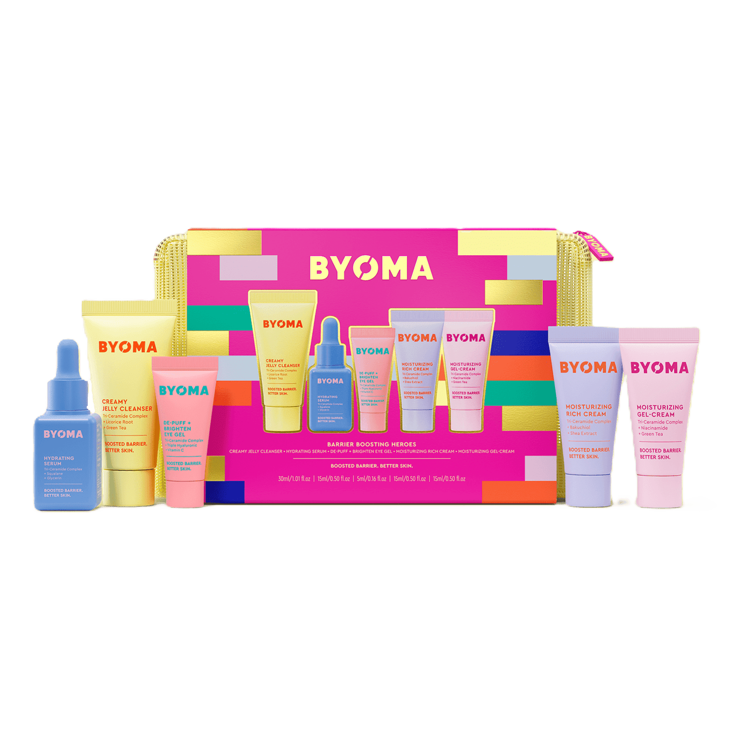 BYOMA Barrier Boosting Heroes skincare set – eight mini skincare products arranged in front of vibrant pink and gold pouch.